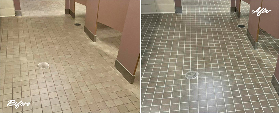 Restroom Floor Before and After a Remarkable Tile Cleaning in Orlando, FL